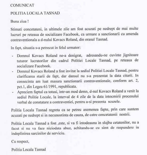 comunicat Politia Locala Tasnad