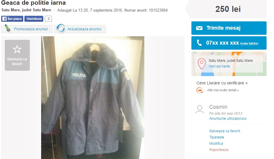 INCREDIBIL! Un ”polițist” din Satu Mare își VINDE uniforma pe internet (FOTOGALERIE)