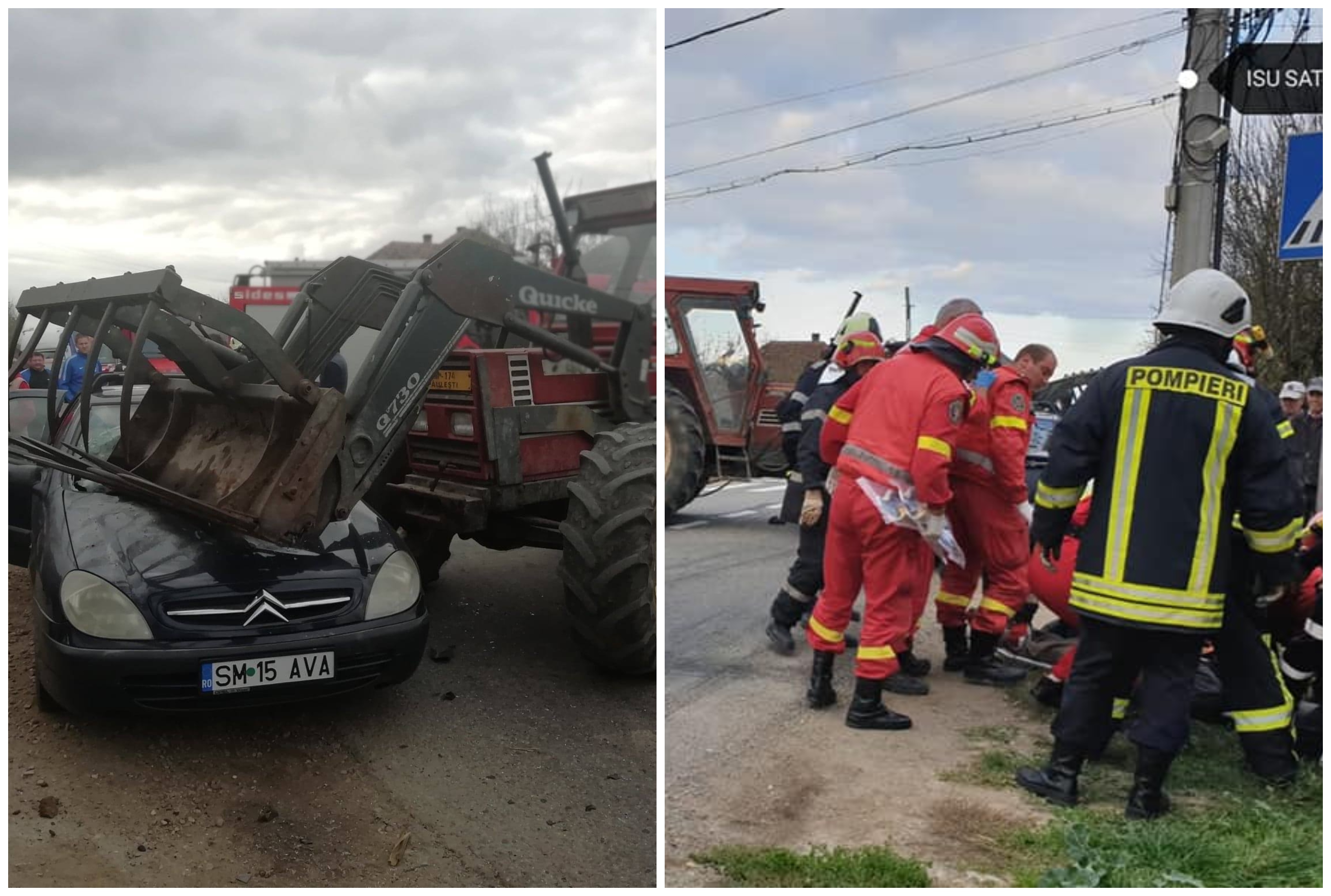 FOTOGALERIE. Un individ a dat cu tractorul peste o mașină. Un sătmărean dus la Urgență