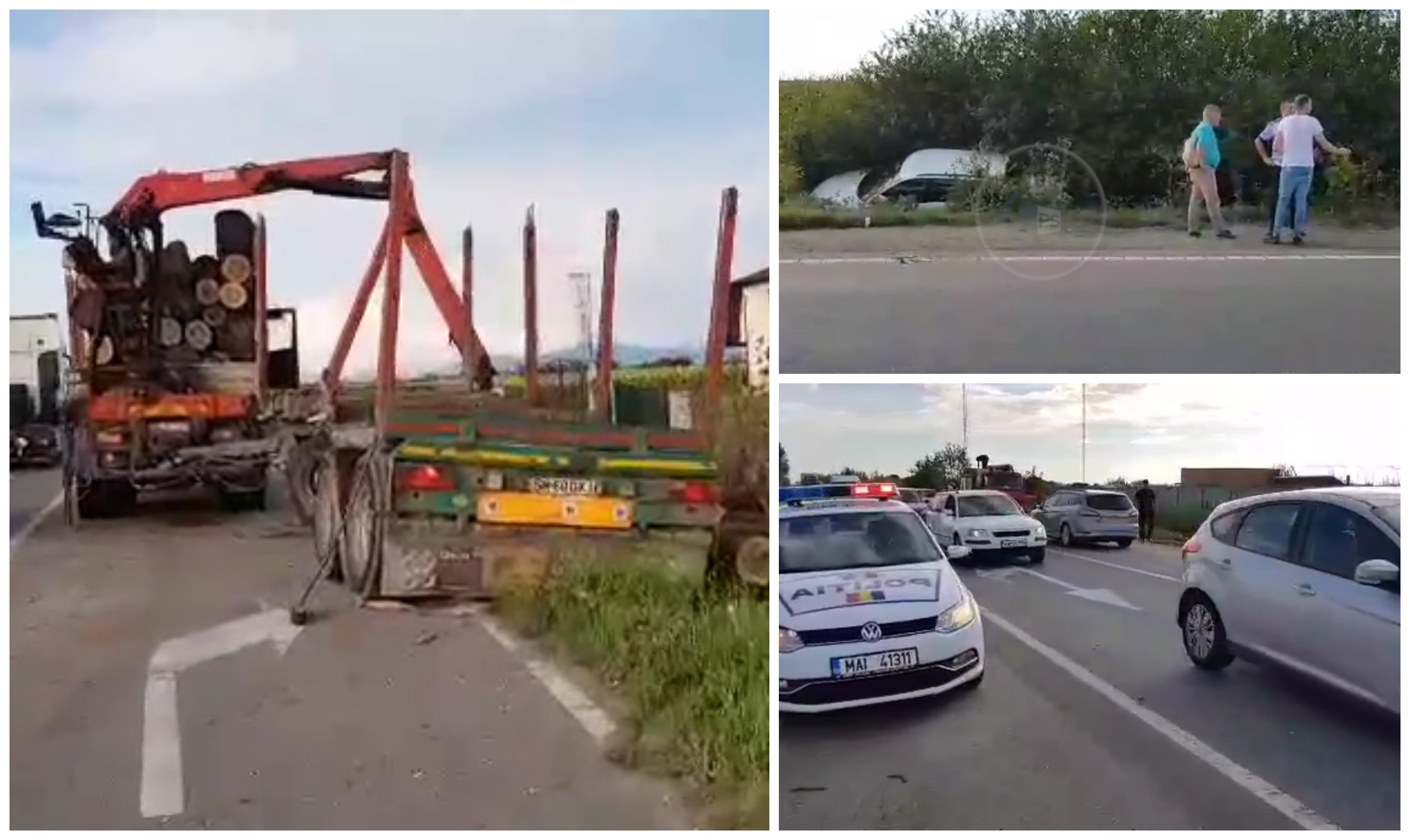 FOTO/VIDEO. Accident între un camion și o mașină, pe DN19. Lemne împrăștiate pe drum, mașină în șanț