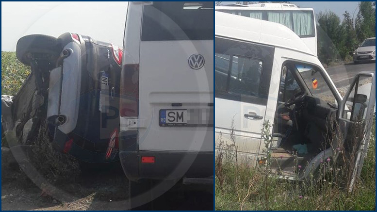 FOTO. Impact �ntre un microbuz ?i o ma?in?, care a ajuns �n ?an?, �n jude?ul Satu Mare
