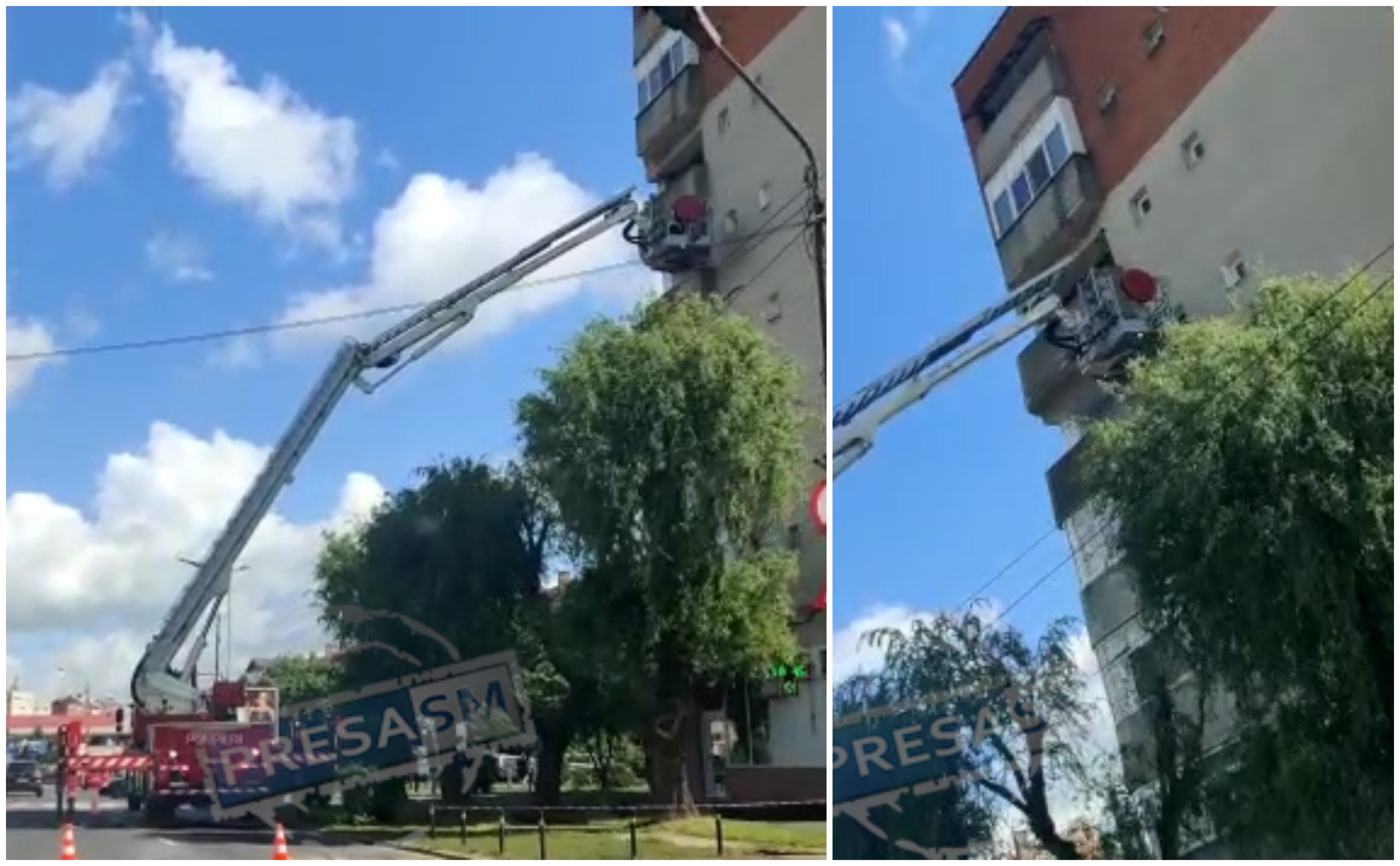 VIDEO. Intervenție la înălțime a pompierilor, la un bloc de pe B-dul Blaga, în Satu Mare