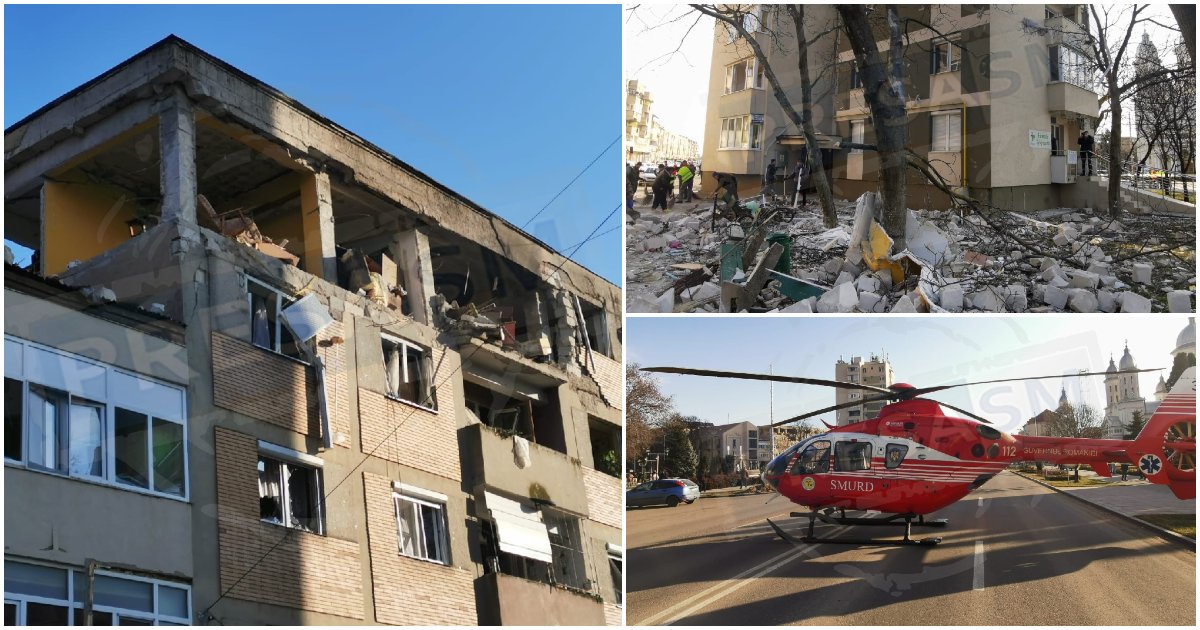 FOTO/VIDEO. Bilanțul exploziei de la Carei: 8 apartamente distruse complet, trei victime în stare critică