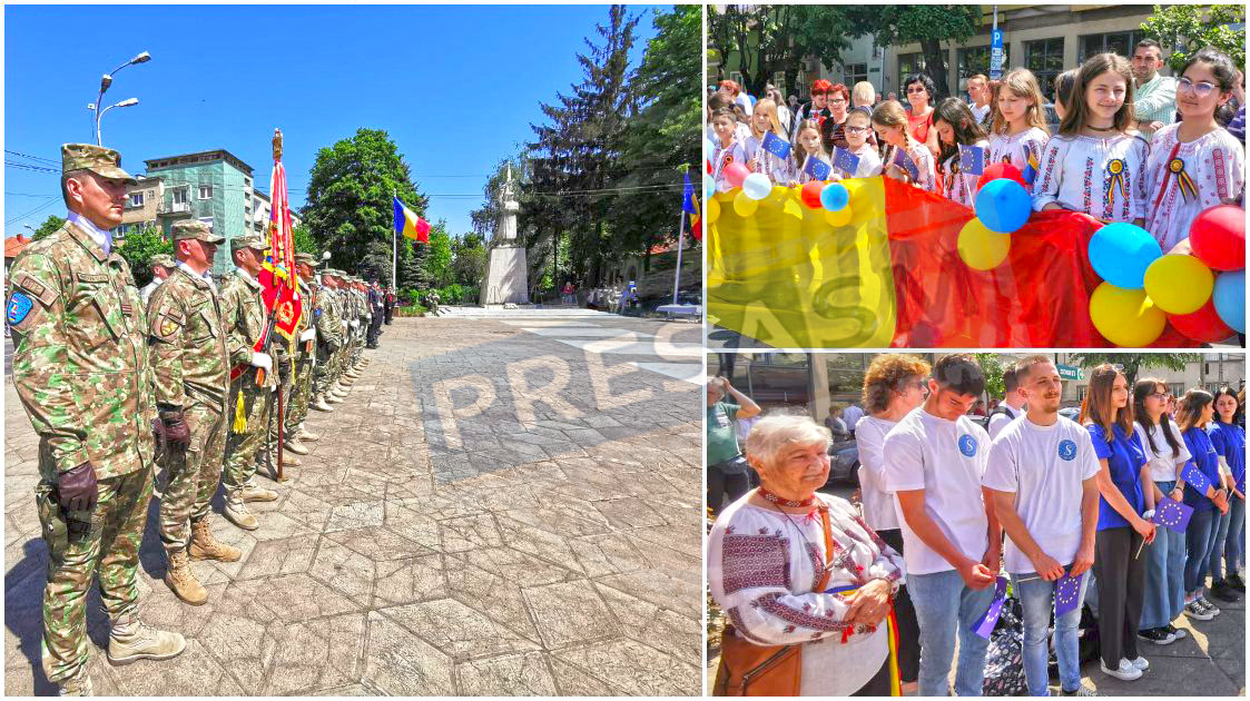 FOTO/VIDEO. Triplă sărbătoare la Satu Mare: Baloane tricolore, steaguri UE și defilarea detașamentului de onoare