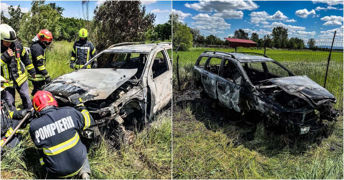 FOTOGALERIE. Autoturism făcut scrum în județul Satu Mare. A ars ca o torță, au intervenit voluntarii