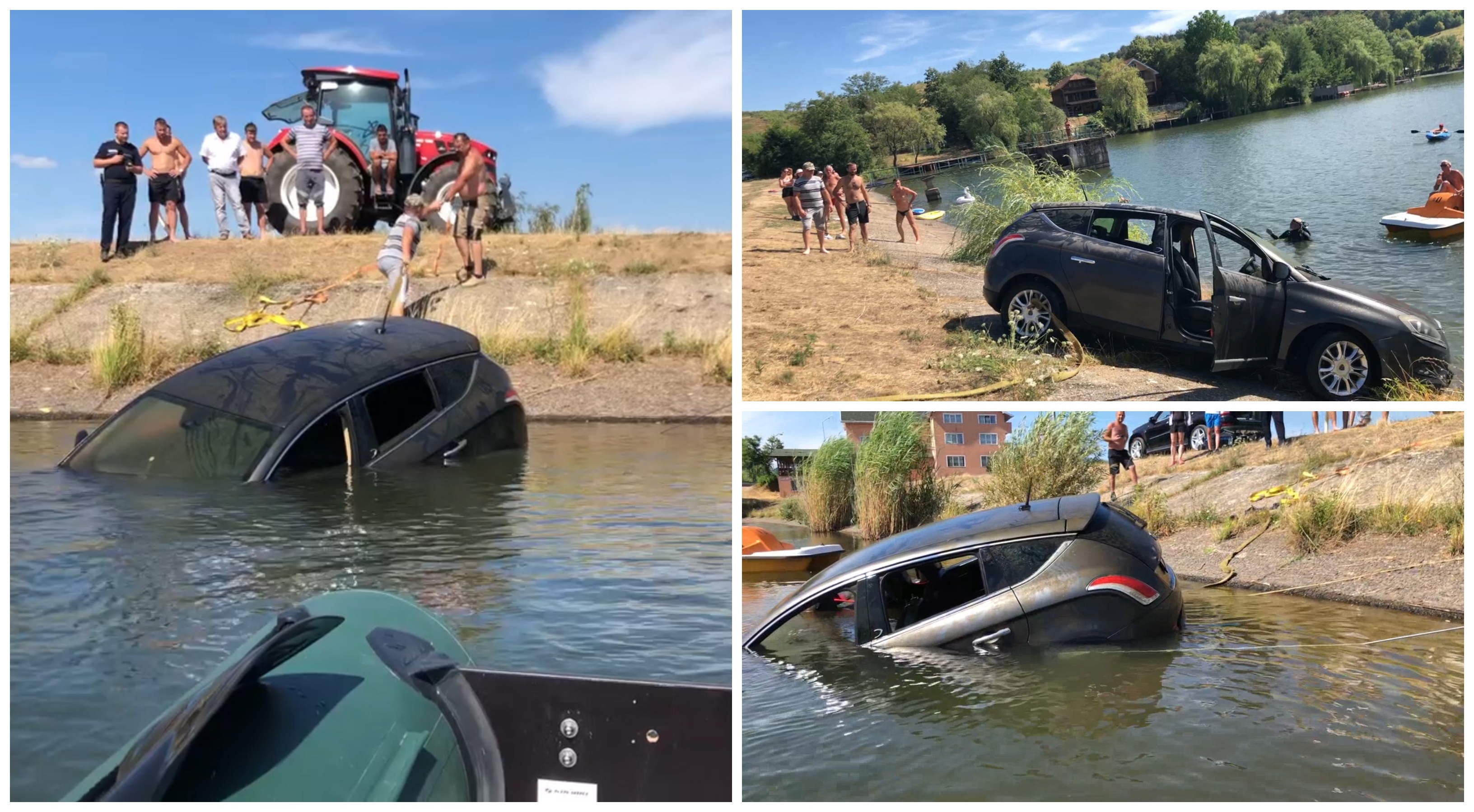 Fotó/Videó. Személygépkocsi csúszott a muzsdaji tóba. Látványos volt a mentés