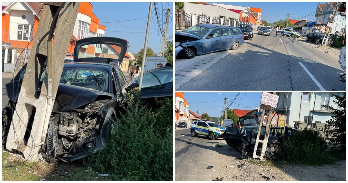 FOTO. Unul hăis altul cea, în stâlp! Doi oșeni nu s-au înțeles și au produs un accident