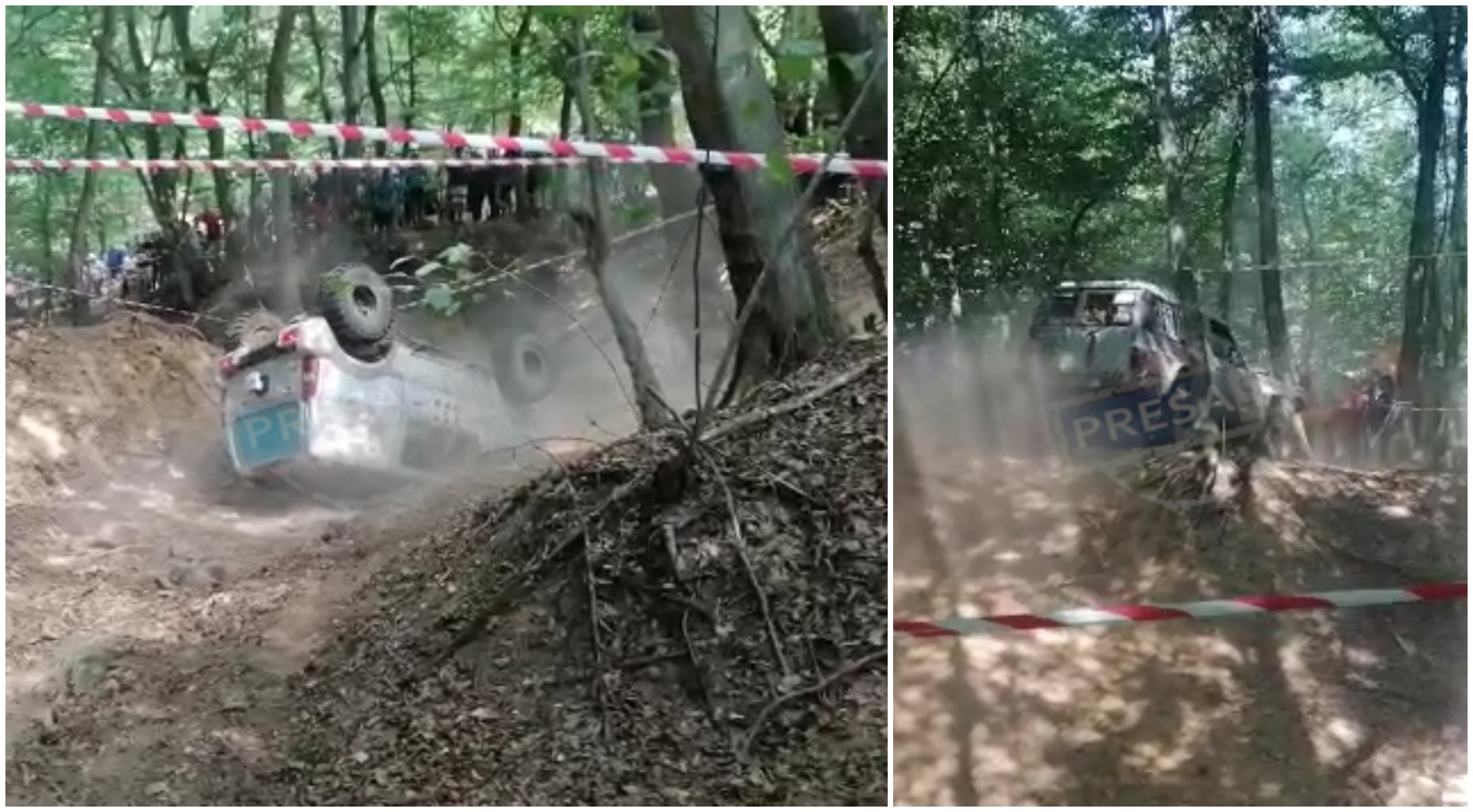 VIDEO. Ca-n filme, în Satu Mare. Un șofer s-a răsturnat cu mașina în pădure, altul a ajuns în copac