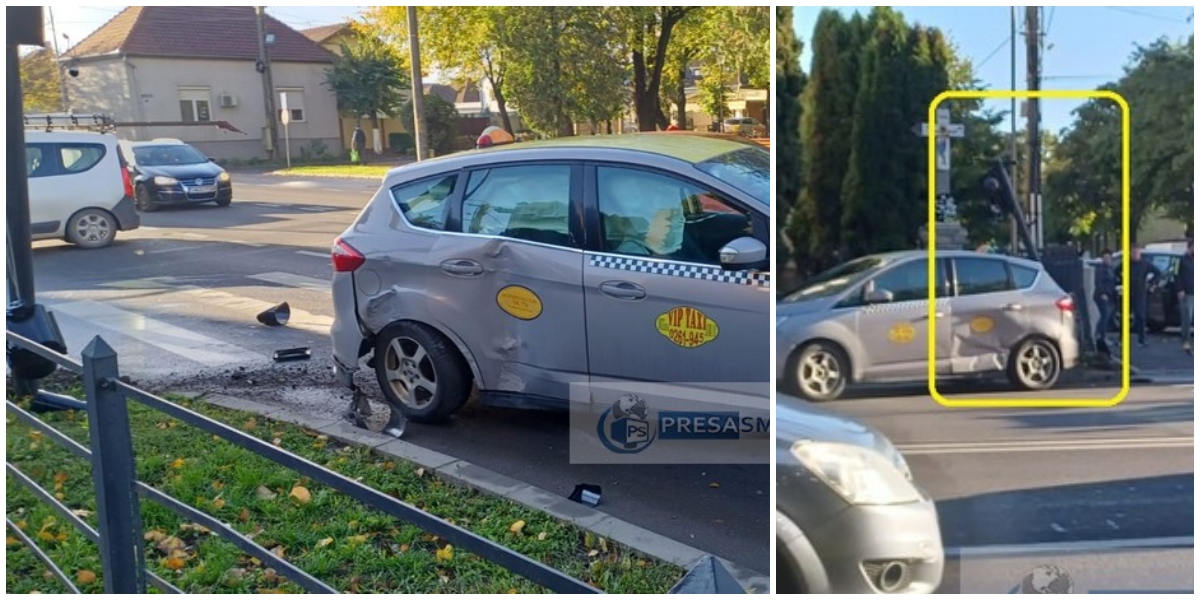 FOTOGALERIE. Accident în Soarelui. Un taximetru a spulberat un semafor. La un pas de tragedie