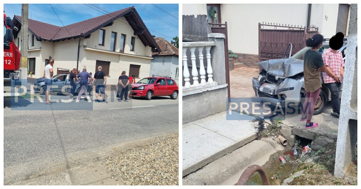 FOTO. Coliziune violentă la Halmeu. Una dintre mașini la un pas de a lua foc. Șoferiță la Urgență
