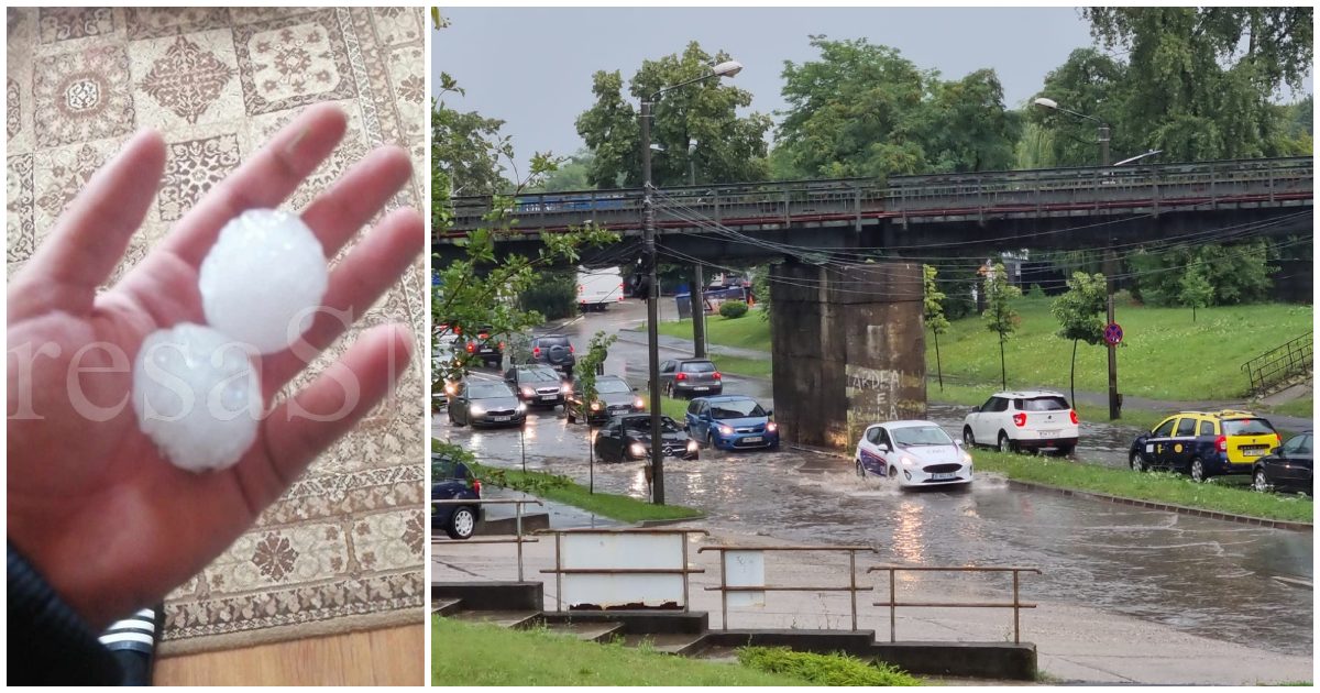 FOTO/VIDEO. Grindină de dimensiuni medii la Satu Mare. Probleme în trafic. Județul, sub Cod portocaliu