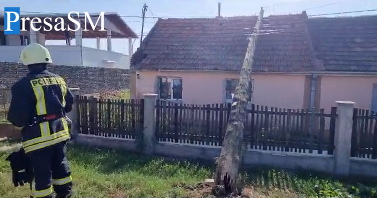 VIDEO. Stâlpi căzuți peste casă și mașină, în Satu Mare. Cablurile, agățate de un buldoexcavator