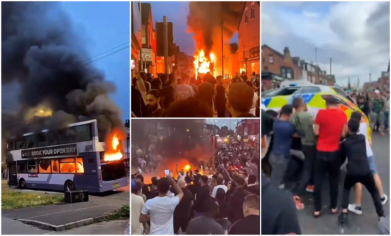 VIDEO. Români furioşi au dezlănţuit haosul pe străzile unui oraș din Marea Britanie. Au dat foc unui autobuz și au răsturnat o mașină de poliție