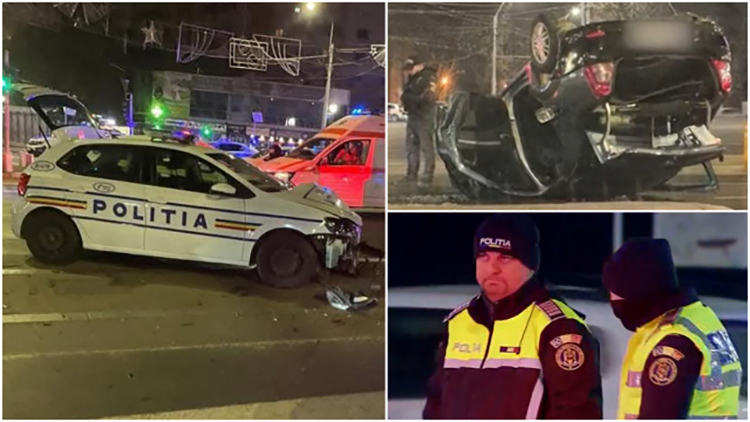 FOTO. Mașină de poliție lovită în plin. Logan răsturnat, multiple victime