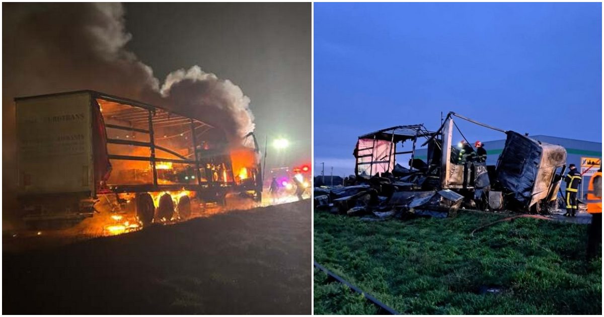 FOTO. Accident cumplit în țară. Doi morți după un accident între două camioane, urmat de incendiu