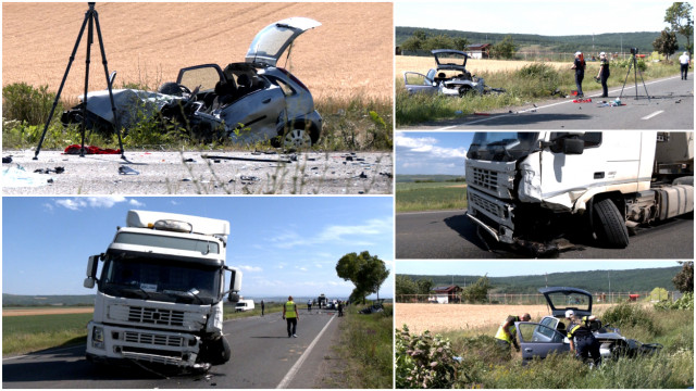 FOTO. Accident cumplit în țară. Șoferiță moartă în mașina zdrobită de TIR, pe contrasens