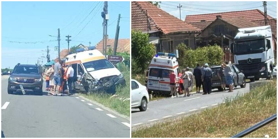 FOTO. Ambulanță proiectată în șanț, asistentă rănită. Un șofer (69 ani) a virat spre ei