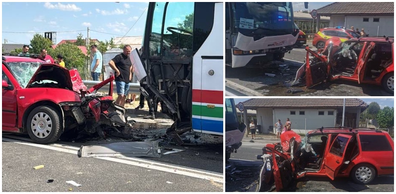 FOTO/VIDEO. Accident cu DOI MORȚI. Coliziune frontală între o mașină și un autobuz, în județul vecin