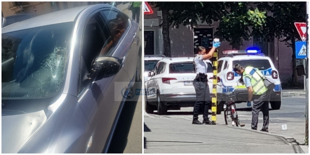 FOTO. Coliziune frontală între un biciclist și o mașină lângă Piața Mare. Biciclist ajuns pe capotă