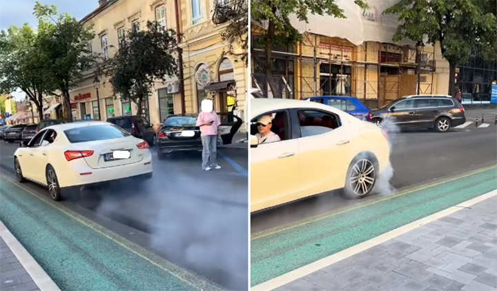 VIDEO. Tânărul cu Maserati, chemat la Poliție după ce a turat bolidul în centrul Sătmarului
