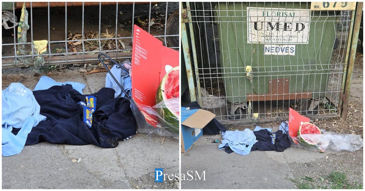 FOTO. Uniforme aparținând MAI, aruncate la tomberon în Satu Mare. Este ilegal, se caută vinovații