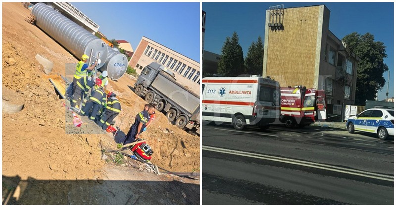 FOTO/VIDEO. Muncitor căzut într-o groapă. Accident de muncă pe șantierul fostului UNIO din Satu Mare