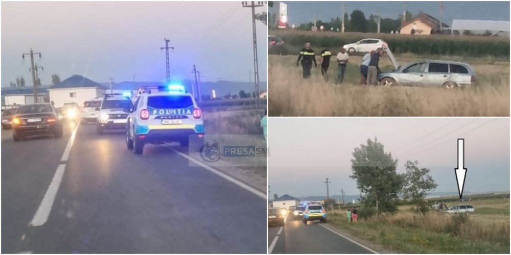 FOTO. Accident DN19, în județul Satu Mare: un autoturism a ajuns pe câmp, mai mulți pasageri la bord