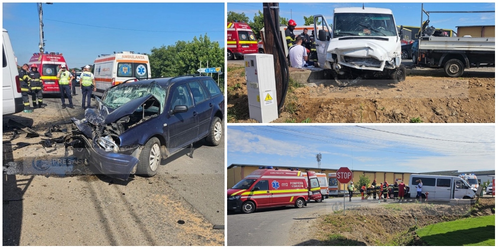 FOTO. Coliziune frontală între o mașină și un microbuz, mai multe victime în județul Satu Mare