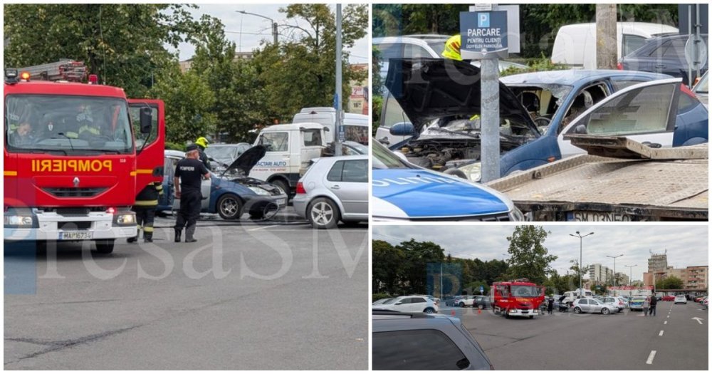 FOTO. Intervenție a pompierilor în parcarea de la Lidl. Un autoturism a luat foc