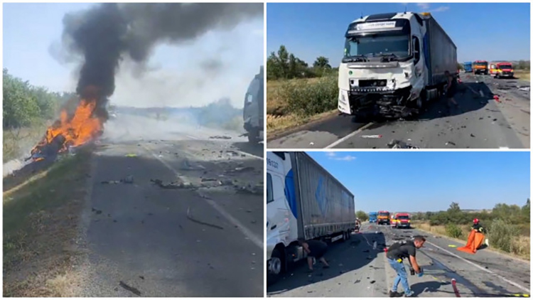 FOTO. Un şofer a murit carbonizat în propria maşină. Coliziune frontală cu un TIR