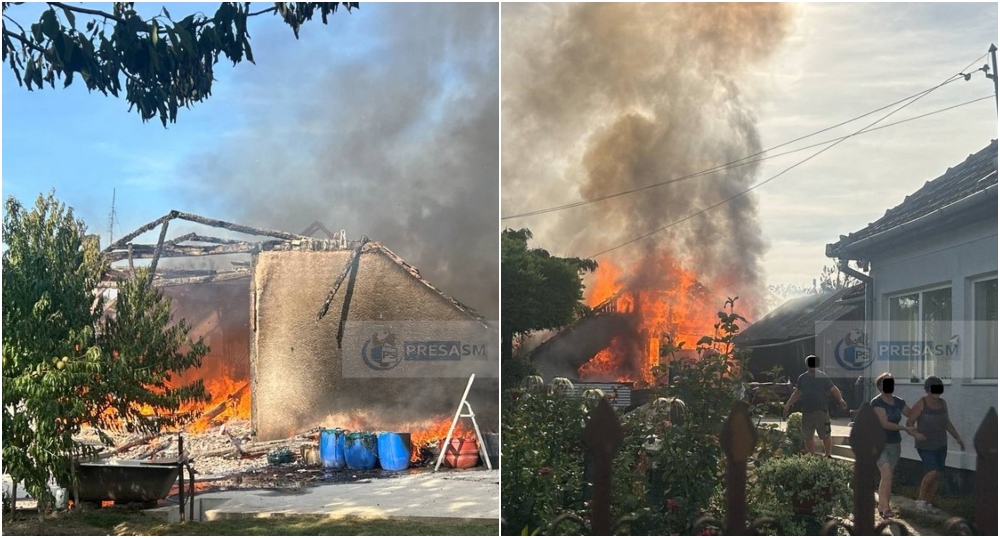 FOTO/VIDEO. Incendiu puternic în județ. Flăcările amenință mai multe case, fumul se vede de la mare distanță