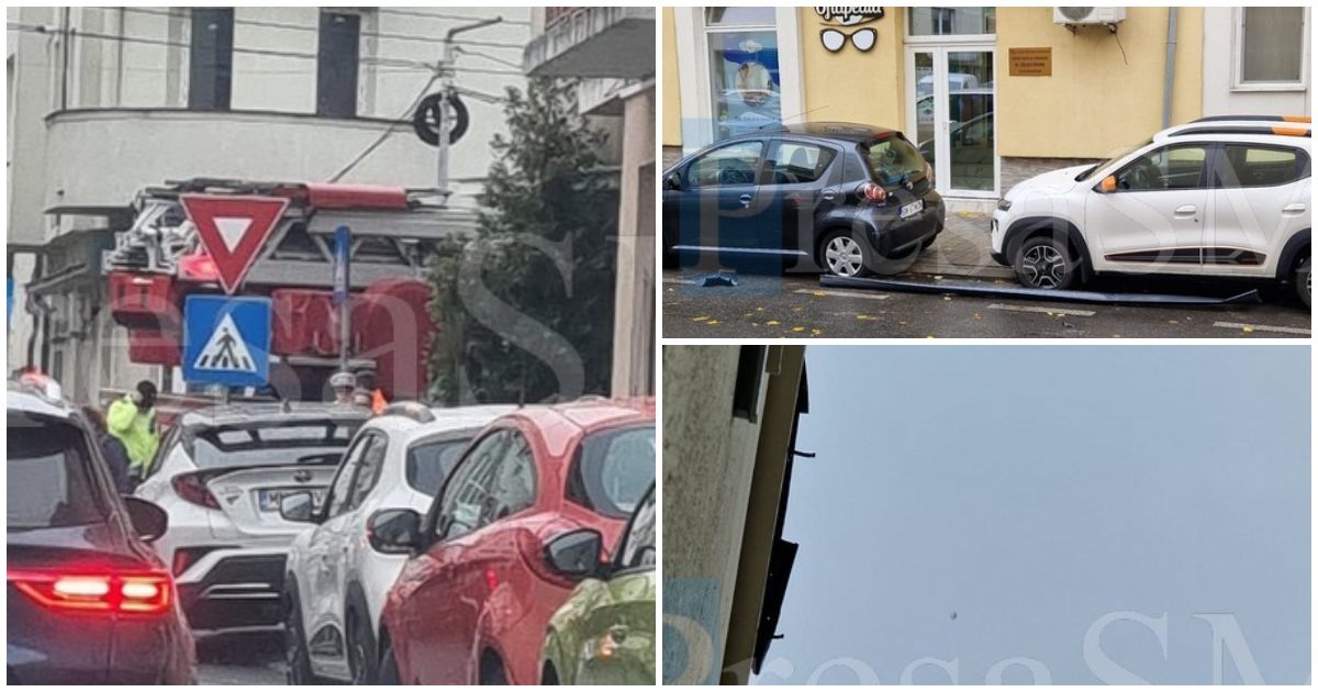 FOTO. Bloc reabilitat în centrul Sătmarului, suflat de vânt! Copac căzut peste mașină
