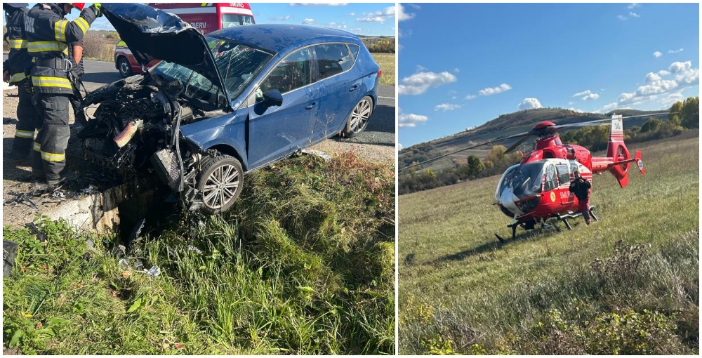 FOTO. O șoferiță (38 ani) preluată cu elicopterul. S-a oprit cu mașina într-un cap de pod