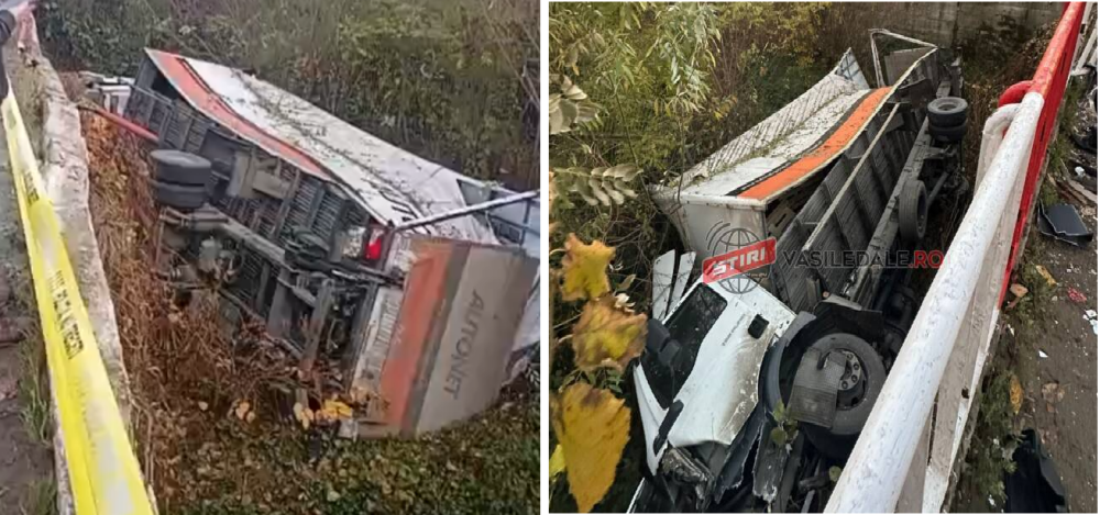 FOTO/VIDEO. Un sătmărean s-a răsturnat cu camionul într-un canal adânc