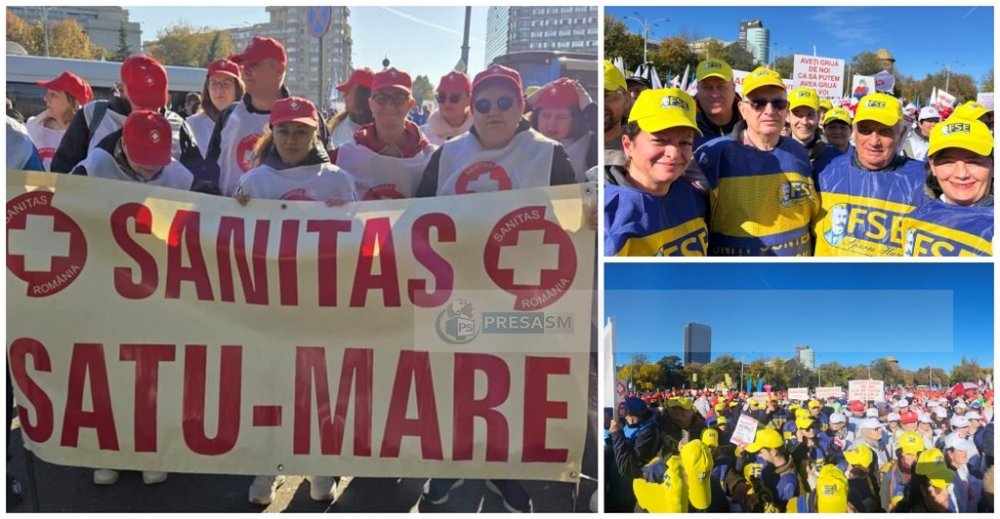 FOTOGALERIE. Sute de sătmăreni protestează în București, alături de zeci de mii de sindicaliști din țară