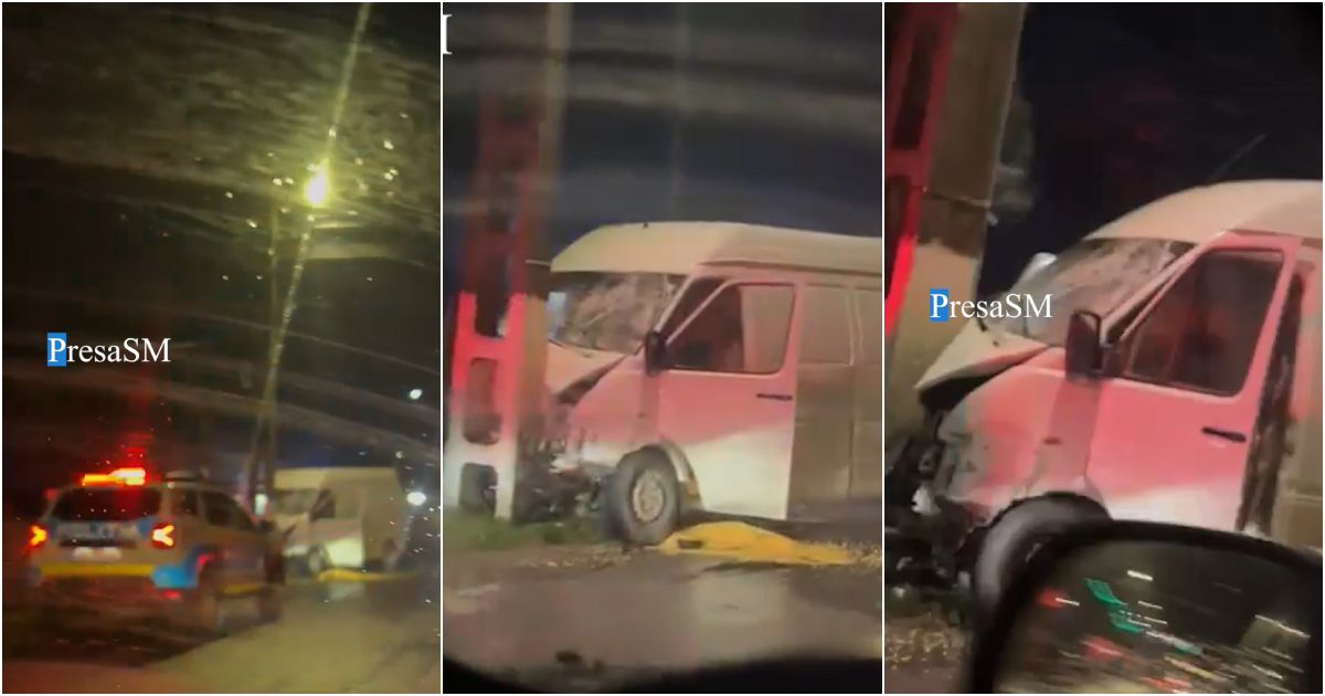 VIDEO. Accident în Orașu Nou: o autoutilitară s-a izbit de un stâlp, cel puțin o persoană rănită