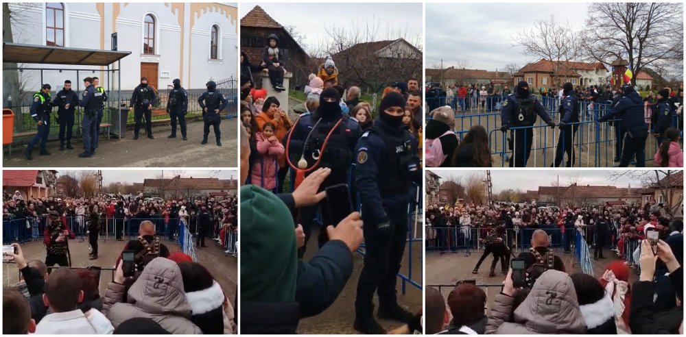 VIDEO. TRADIȚIE spectaculoasă în Satu Mare. Bătaie cu furcile pe stradă, sub privirile mascaților