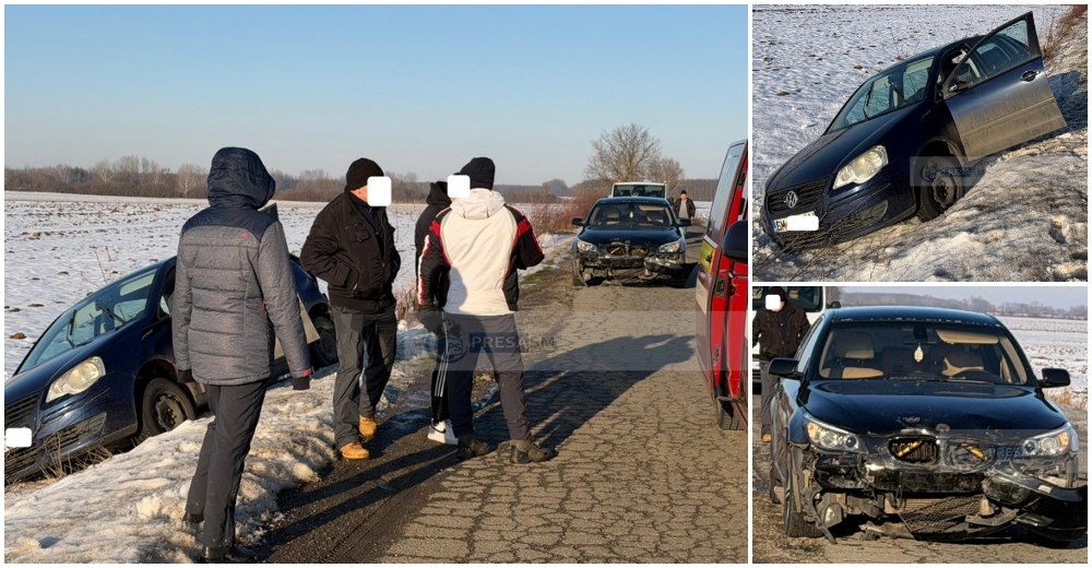 FOTOGALERIE. Accident în județul Satu Mare, Mașină împinsă în șanț, o persoană rănită