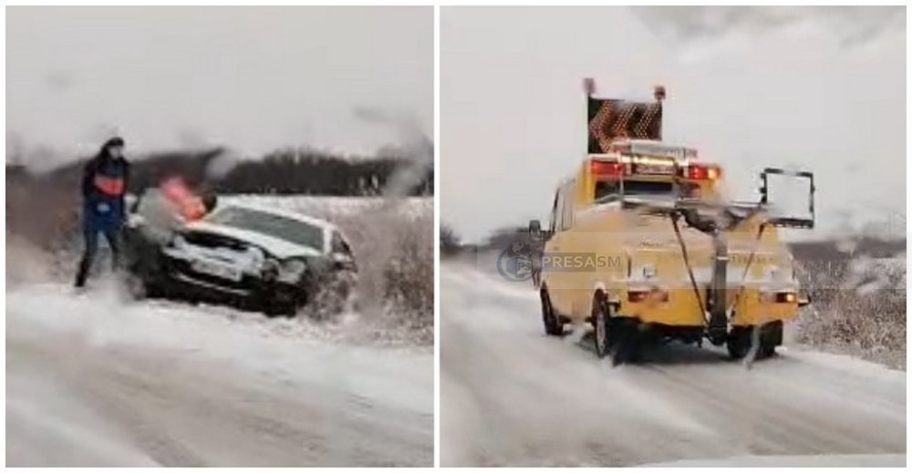 VIDEO. Iarna pe șosele. Accident în municipiul Satu Mare, mașină în șanț