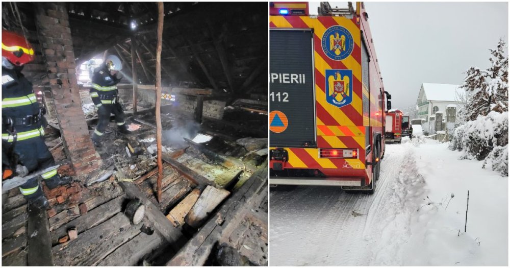 FOTO. Incendiu la o casă din județul Satu Mare. Intervenție dificilă pentru pompieri, din cauza zăpezii