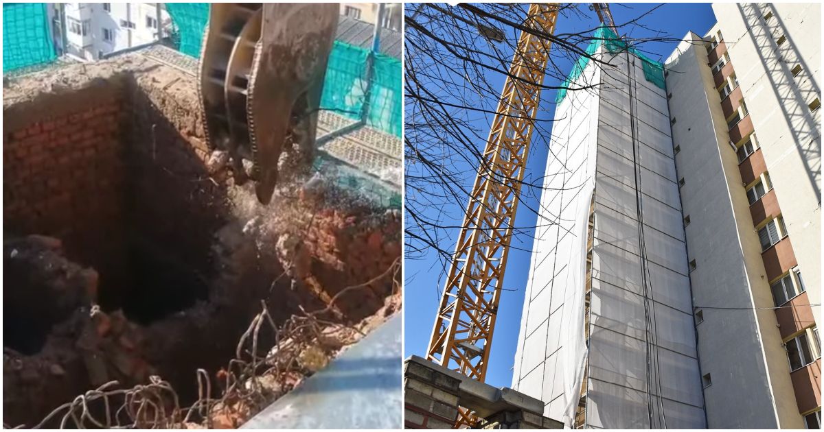 FOTO/VIDEO. Operațiune spectaculoasă în Micro 16! Construcție de 30 de metri, demolată! Pericol pentru trecători
