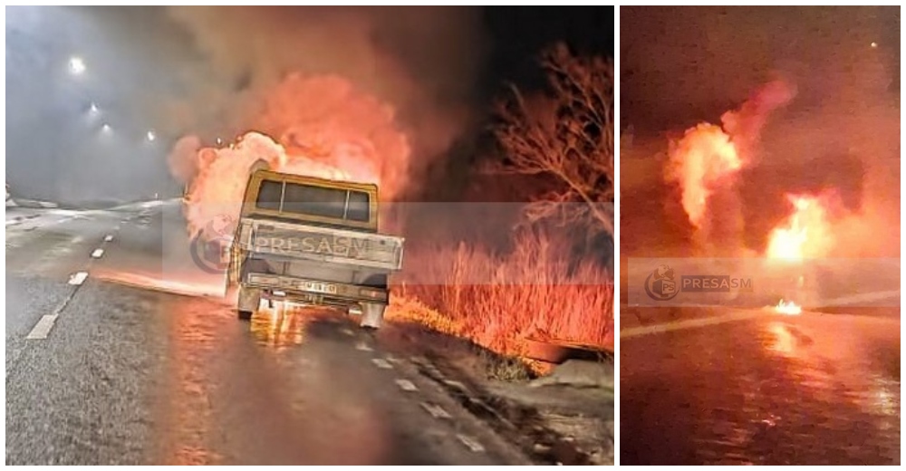 FOTO/VIDEO. Camionetă în flăcări pe Drumul Național 19, în județul Satu Mare