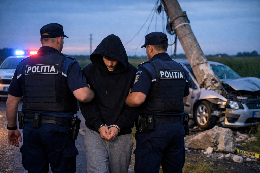 Un minor din Satu Mare a fugit de poliție zeci de kilometri și a intrat cu mașina într-un stâlp, la Iojib