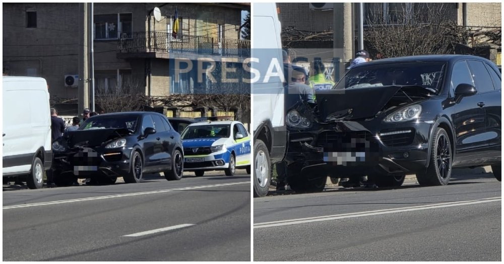 FOTO. Un Porsche a lovit o dubă, astăzi, în municipiul Satu Mare