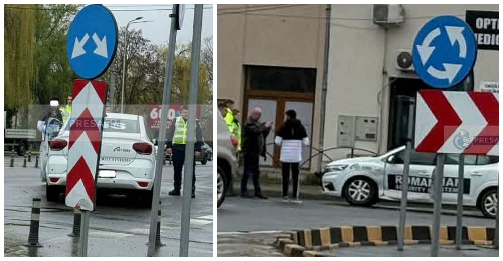 FOTO. Accident și blocaj în intersecția Burdea. Mașina unei firme de pază, implicată