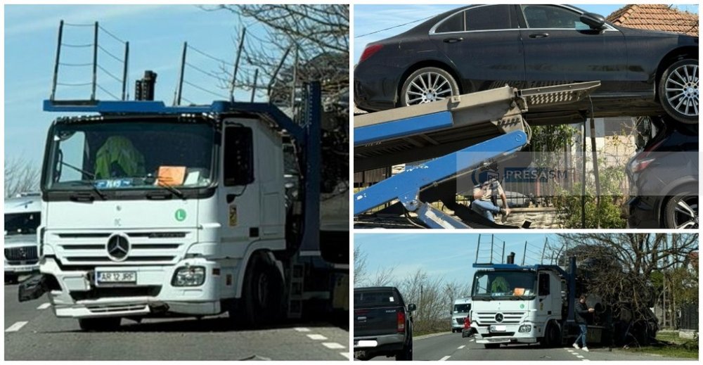 FOTO. Impact între o dubă și un trailer plin cu mașini, la limita județului Satu Mare