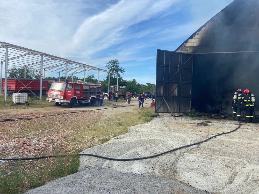 FOTO/VIDEO. Incendiu puternic la o hală de depozitare a cerealelor. Pompierii intervin cu mai multe autospeciale